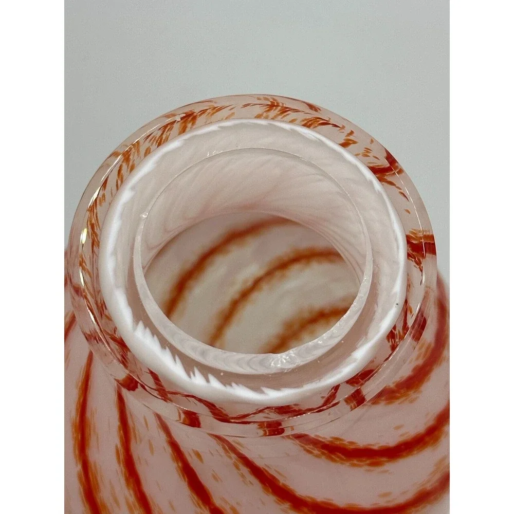 Vtg MCM Art Glass Vase White Burnt‎ Orange Swirl Design Opaline? 12